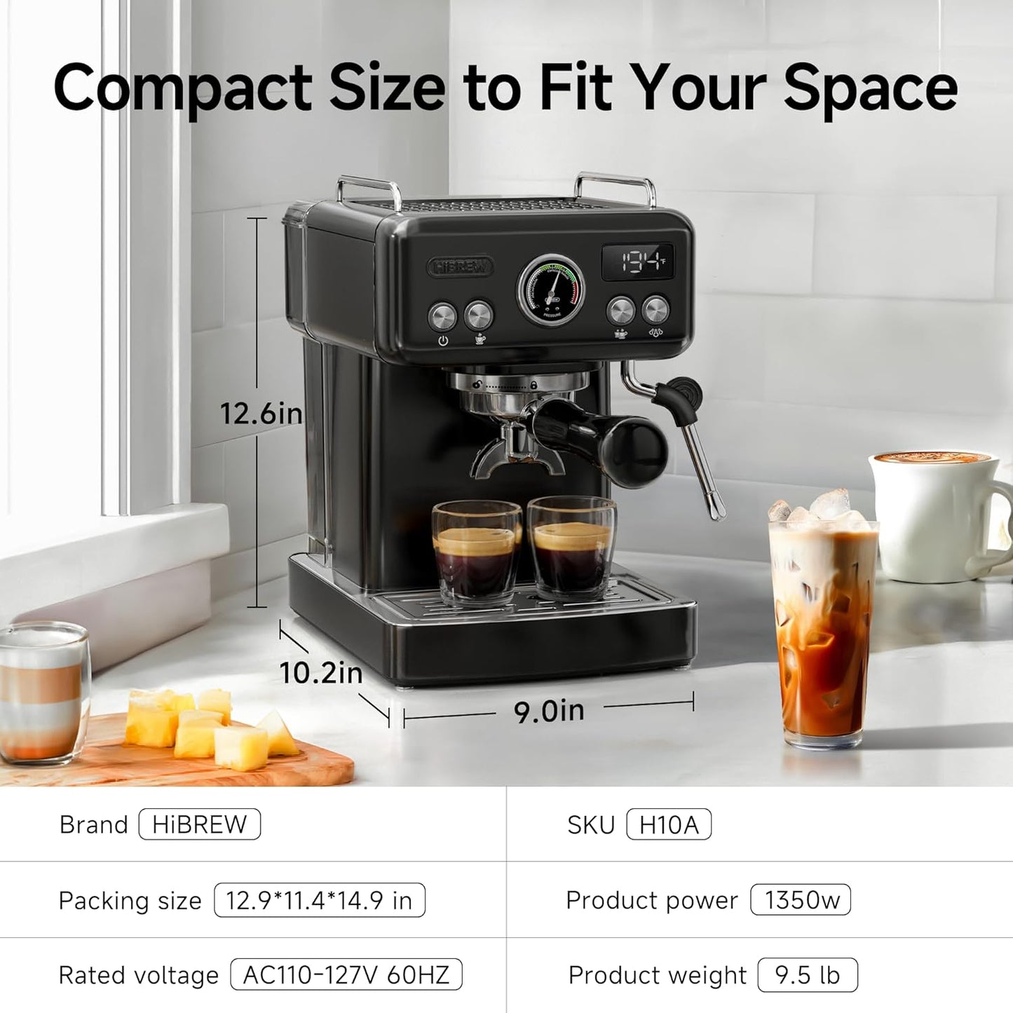 H10A - Programmable Espresso Machine - 58Mm Portafilter in Stainless Steel - Temperature & Cup Volume Adjustable at Will - with Intelligent Display Screen & Pressure Gauge.(Black)
